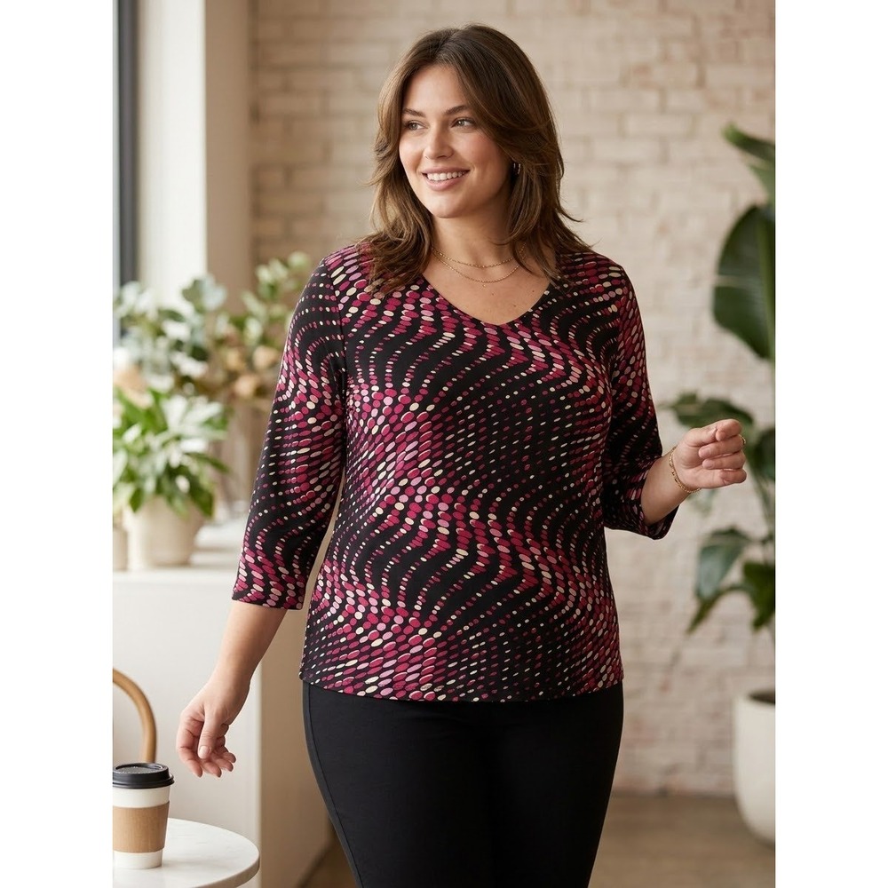 Wavy Dot Print Susan Lawrence Pink Black Stretch V-Neck Top Size 2X XX-Large